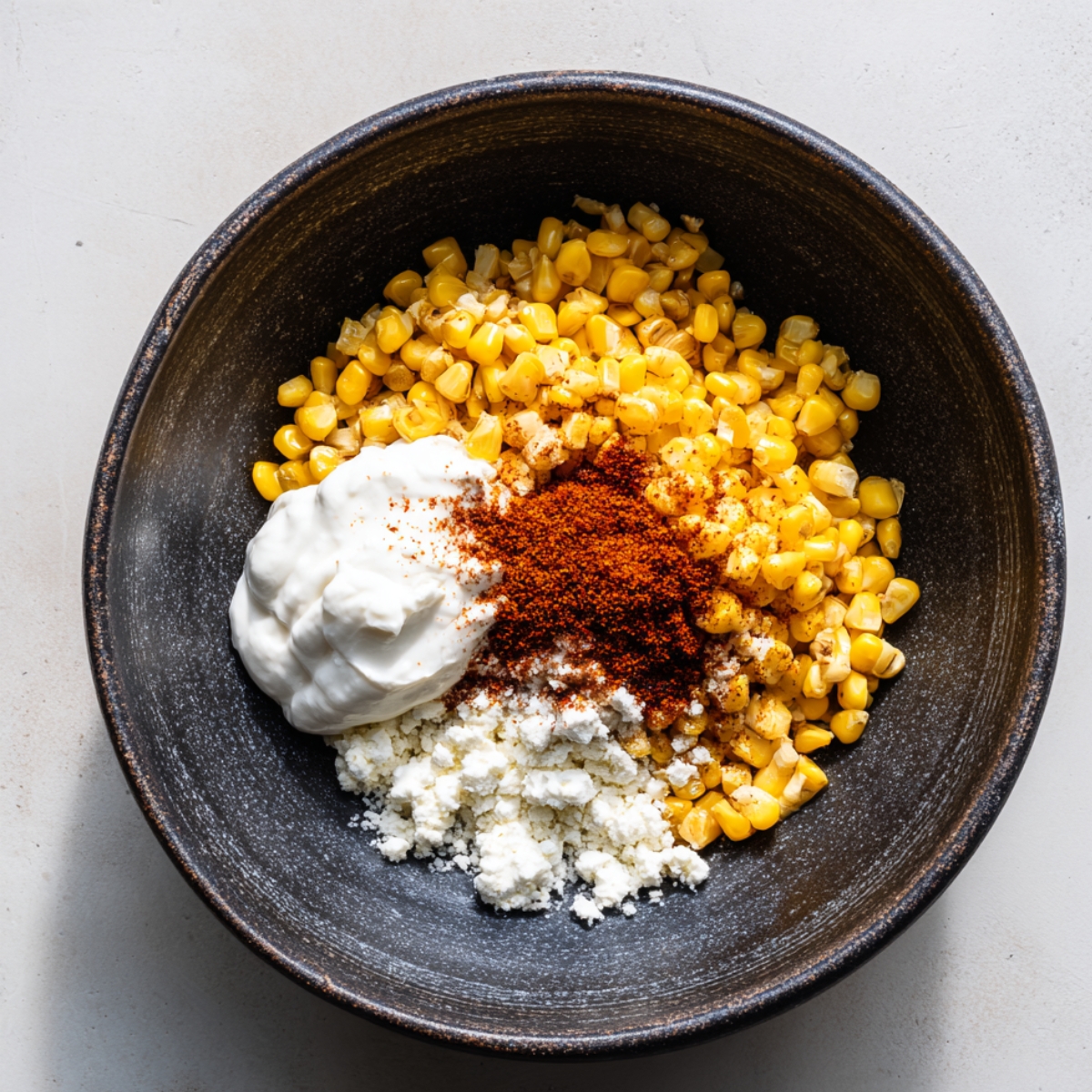 Bowl of corn, sour cream, chili powder, and cotija cheese ready to mix for homemade street corn chicken rice bowl.