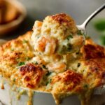 Cheddar Bay Biscuit Seafood Pot Pie with golden cheddar biscuits and creamy shrimp filling, baked in a white dish and served hot.