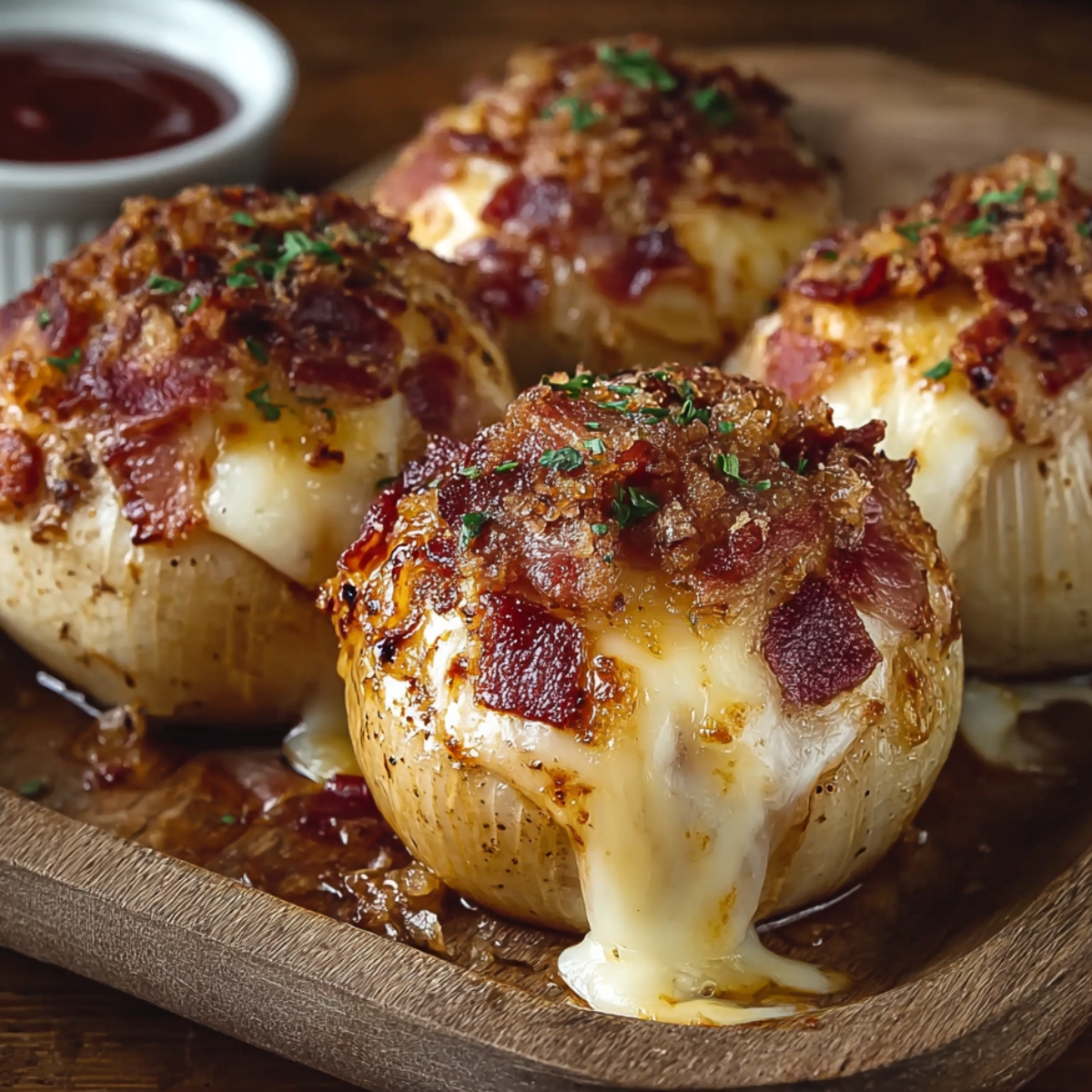 Four cheesy bacon onion bombs on a wooden board, topped with crispy bacon and melted cheese oozing down, garnished with parsley, with a small bowl of BBQ sauce in the background.