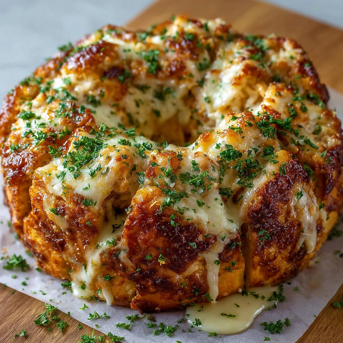 Chicken Alfredo Monkey Bread drizzled with creamy sauce and parsley, fresh from the oven on parchment paper.