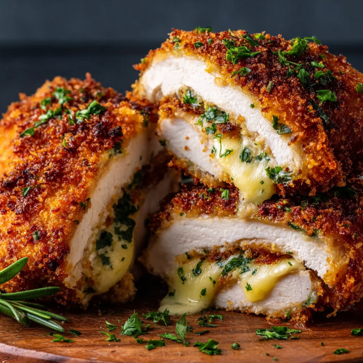 Golden, crispy Chicken Kiev Recipe cut open to reveal melted cheese, fresh herbs, and bits of bacon inside, served on a dark plate with parsley garnish.