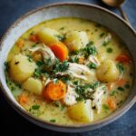 Chicken Soup with Potatoes with tender potatoes, carrots, and shredded chicken in a creamy golden broth, topped with fresh herbs — warm, hearty, and comforting.