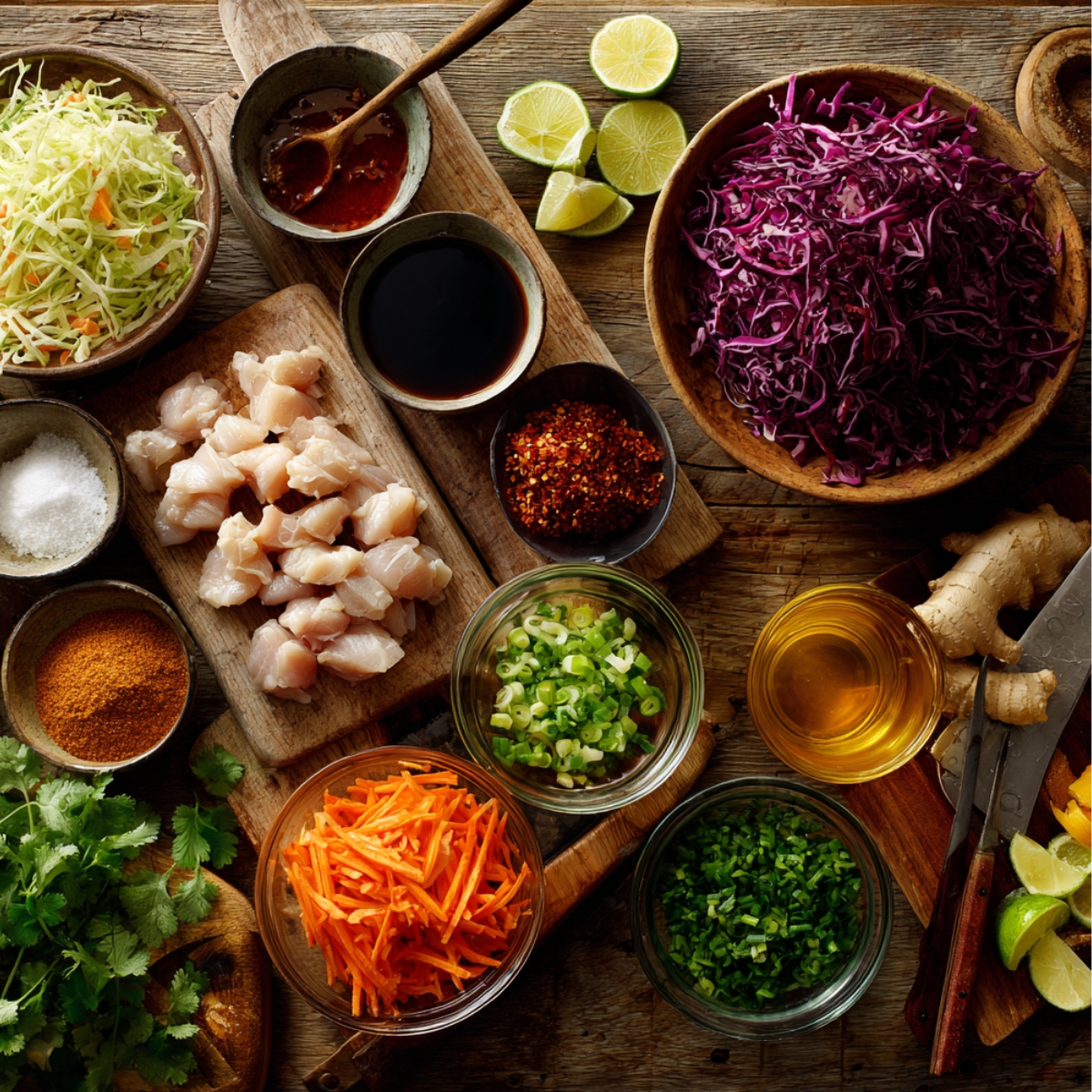 Fresh chicken wonton taco ingredients on a rustic wooden table with cabbage, carrots, green onions, lime, raw chicken, soy sauce, ginger, and cilantro.