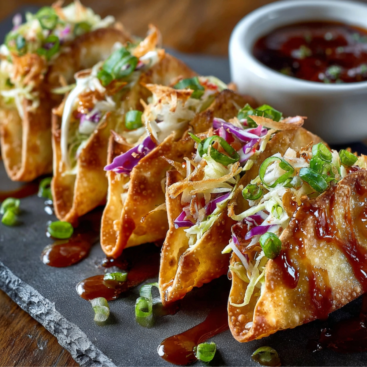 Crispy homemade chicken wonton tacos filled with chicken, slaw, and green onions, drizzled with sweet chili sauce on a wooden board.