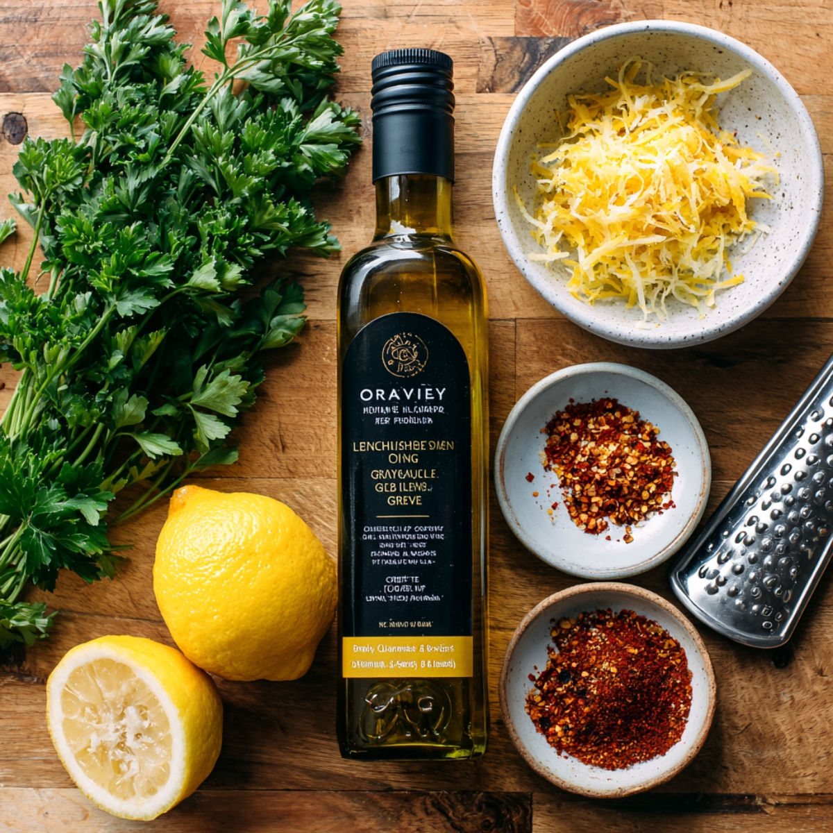 Fresh ingredients for Chicken Zucchini Poppers on a wooden surface, including olive oil, parsley, lemons, lemon zest, red pepper flakes, and seasonings.