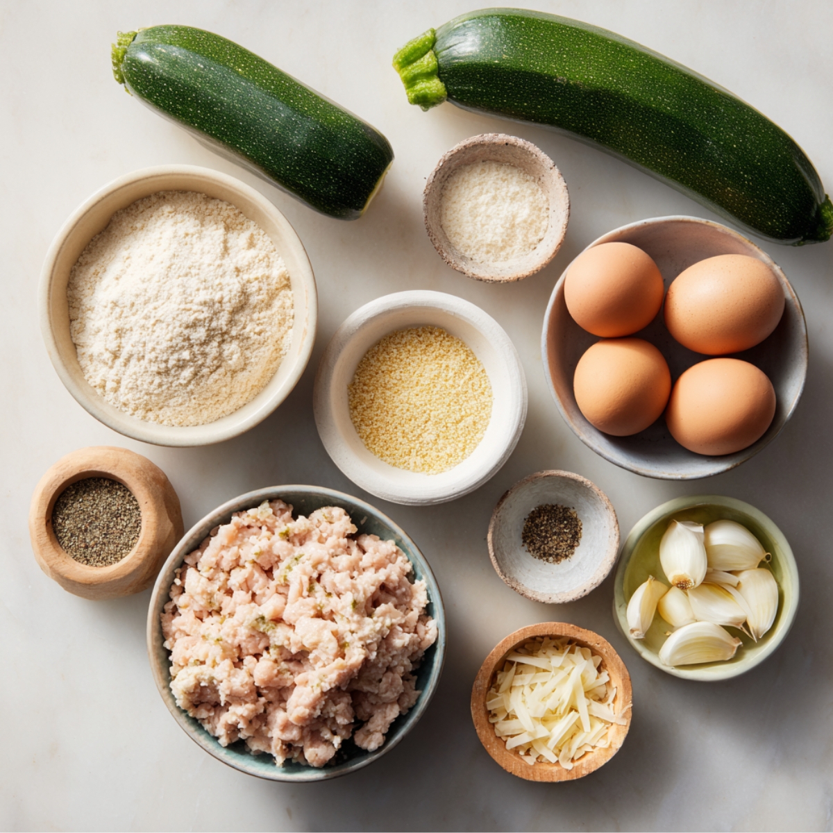 A top-down view of fresh ingredients for homemade chicken zucchini poppers, including ground chicken, zucchinis, eggs, garlic, shredded cheese, almond flour, breadcrumbs, Parmesan, salt, and pepper, all neatly arranged on a light marble surface.