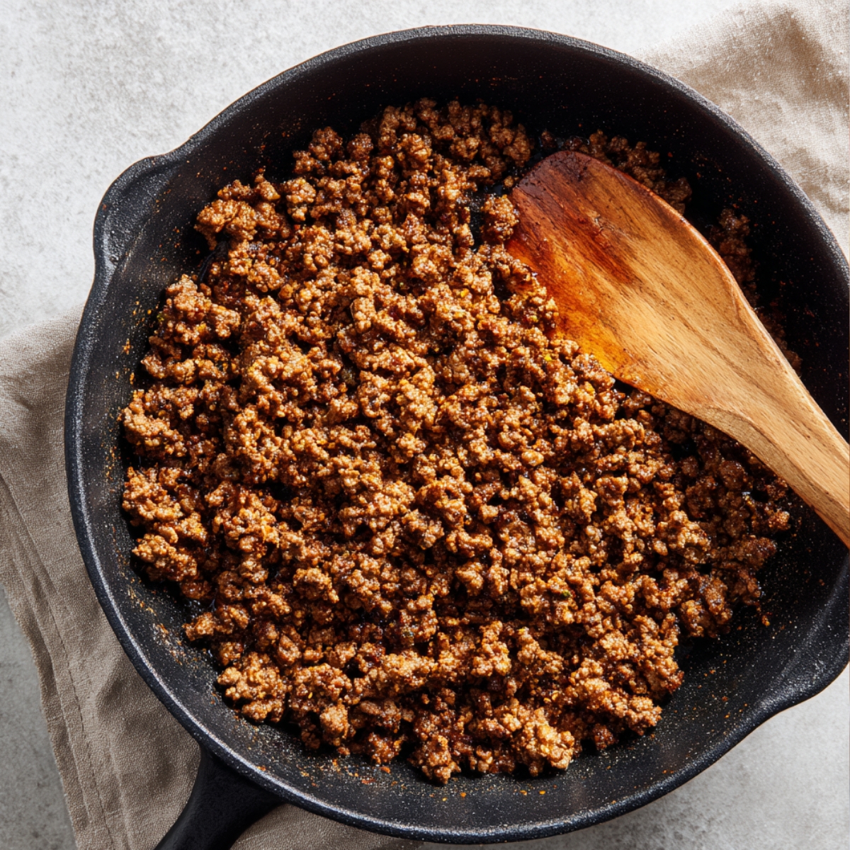 Taco-seasoned ground beef cooking in a cast iron skillet with a wooden spatula, browned and crumbly under natural light.