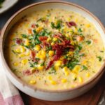 Creamy homemade corn chowder topped with bacon, parsley, and corn in a rustic bowl under warm natural light.