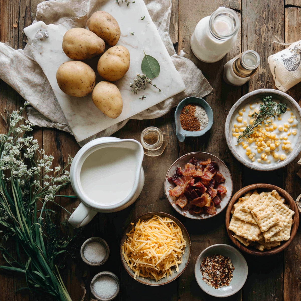 Flat lay of corn chowder ingredients on a rustic wooden table — potatoes, milk, corn, bacon, cheese, crackers, and herbs arranged in warm natural light for a cozy homemade look.