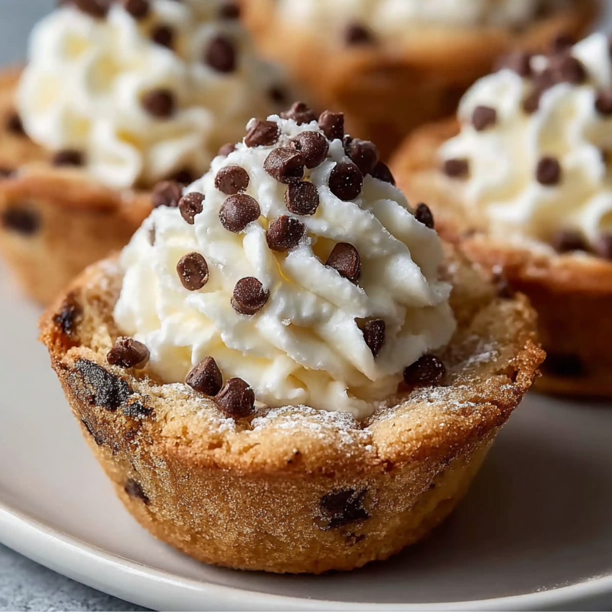 Easy Cannoli Cookie Cups Recipe with creamy ricotta filling topped with mini chocolate chips on a white plate.