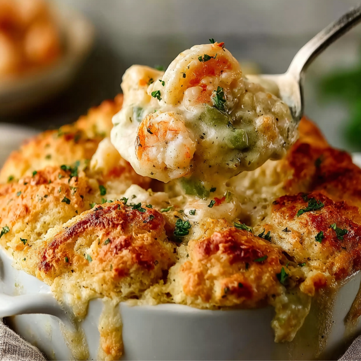 Easy Cheddar Bay Biscuit Seafood Pot Pie baked over creamy shrimp and crab filling in a cast iron skillet, homemade seafood pot pie fresh from the oven.