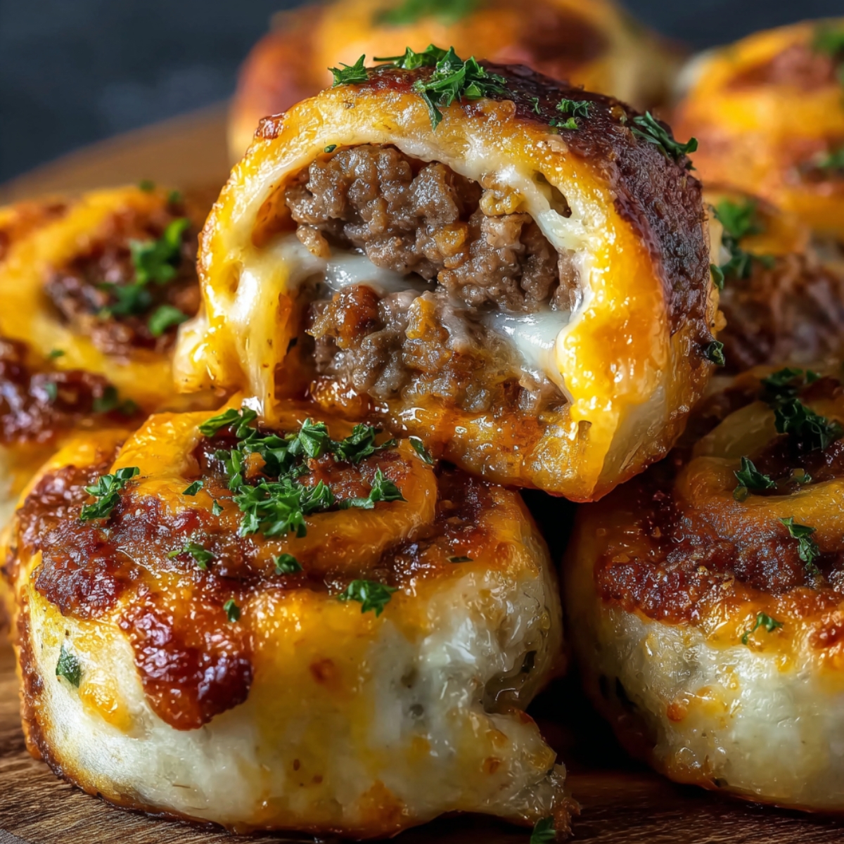 Easy Garlic Butter Bacon Cheeseburger Rollups with golden crust, melted cheese, and beef filling topped with parsley on a wooden board.