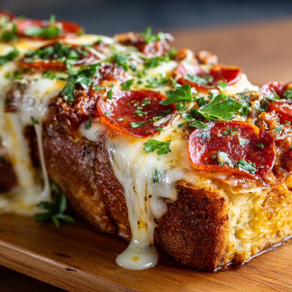 Easy Homemade Garbage Bread Recipe with melted cheese, pepperoni, and parsley on a golden crust, served on a wooden board.
