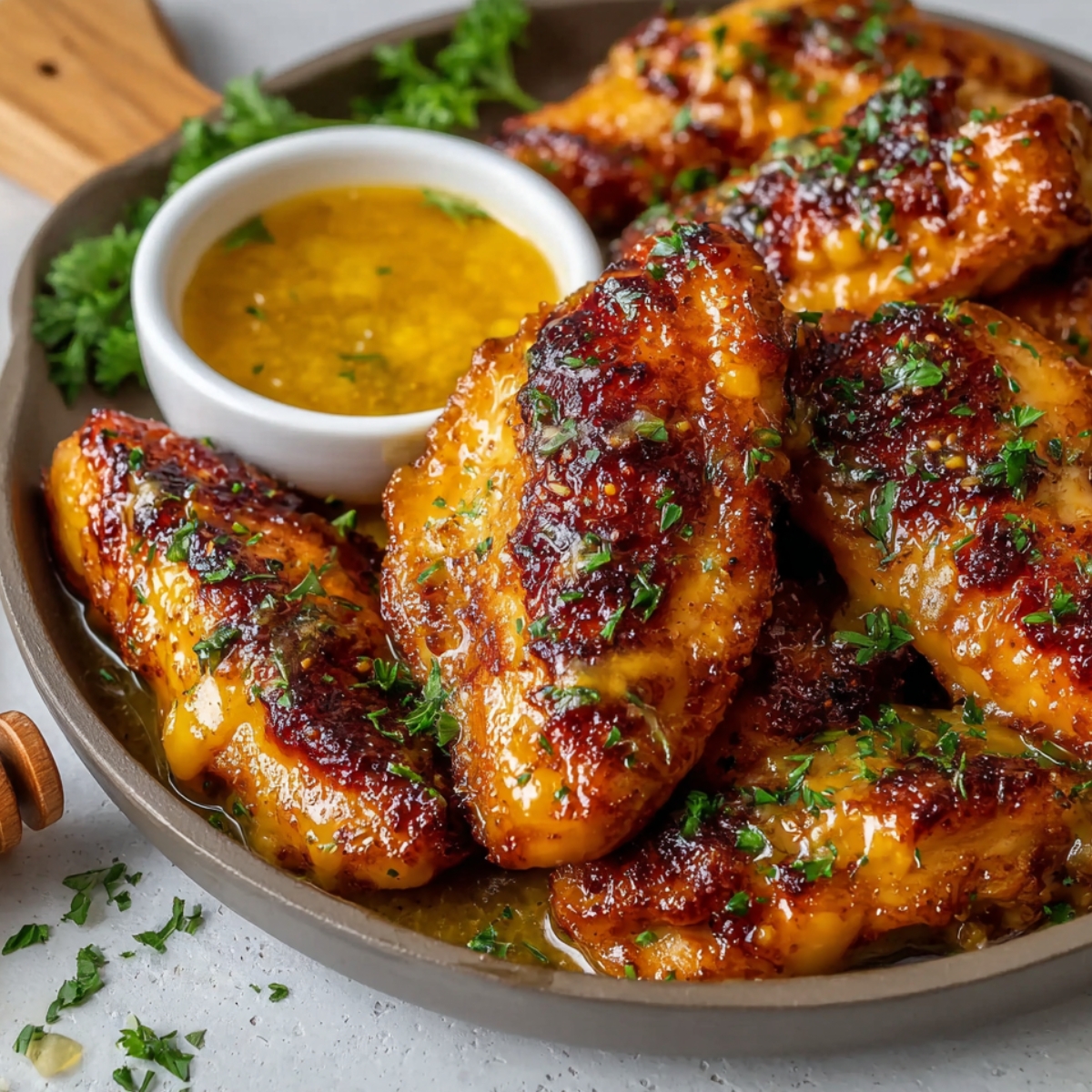 Easy Honey Mustard Chicken Recipe in a skillet, golden brown with caramelized glaze, topped with parsley and served with a ramekin of sauce.