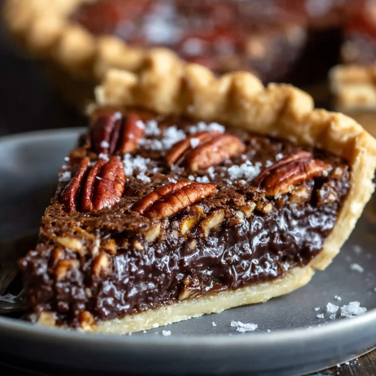 Slice of homemade Texas chocolate pecan pie on a gray plate, with a thick, glossy chocolate filling, toasted pecans on top, and a golden flaky crust dusted with a few flakes of salt.
