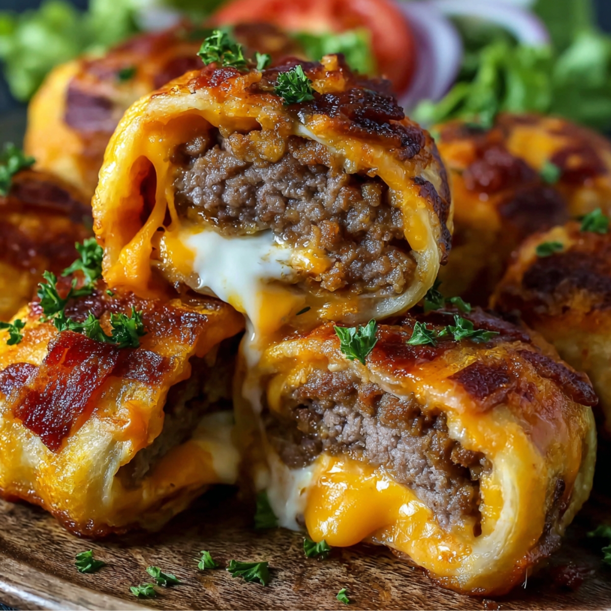 Garlic Butter Bacon Cheeseburger Rollups with golden, flaky crust, gooey melted cheese, and juicy beef filling, topped with crispy bacon pieces and fresh parsley on a wooden board.