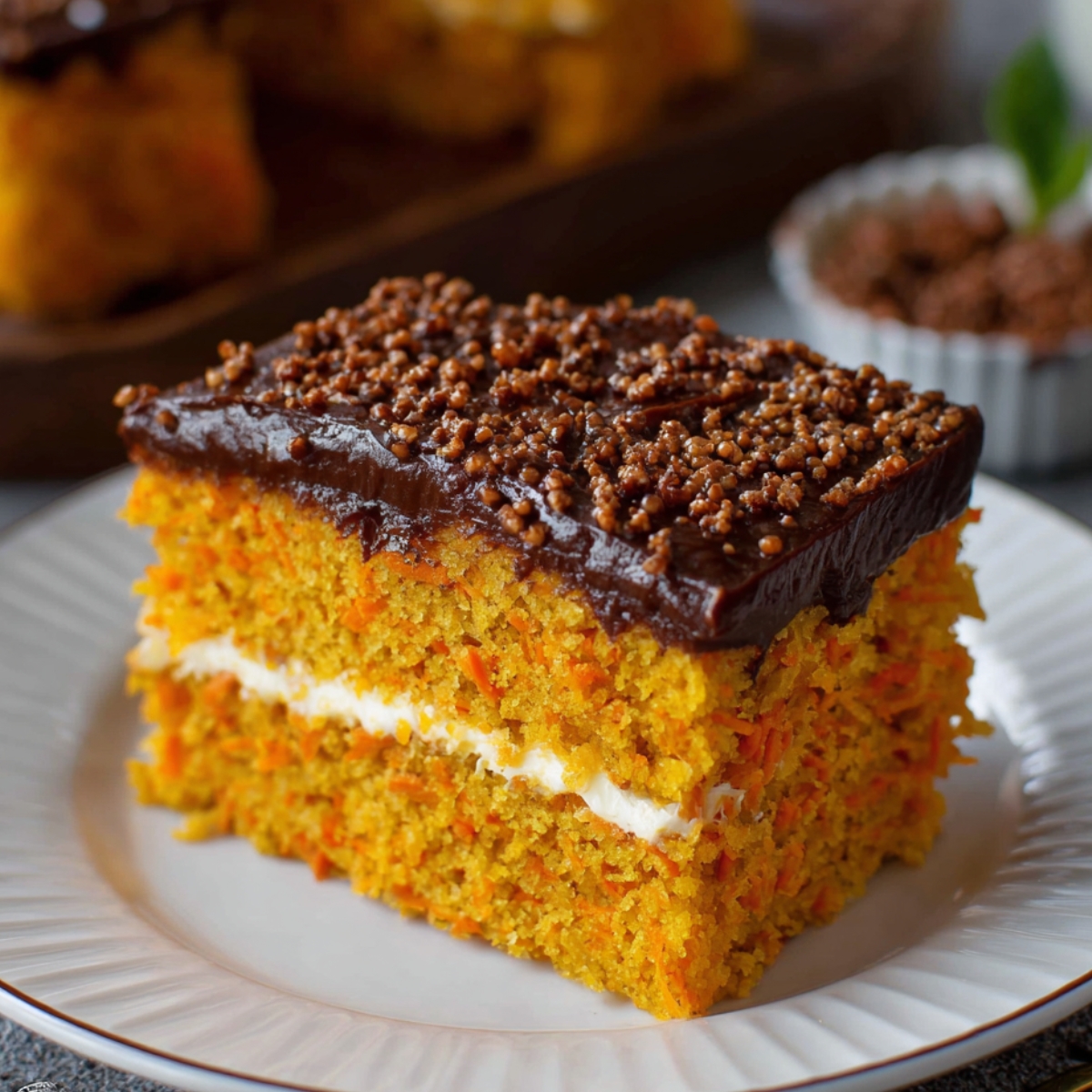 Homemade Brazilian Carrot Cake Recipe with orange carrot-filled layers, creamy filling, and glossy chocolate ganache topped with crunchy bits, served on a white plate.
