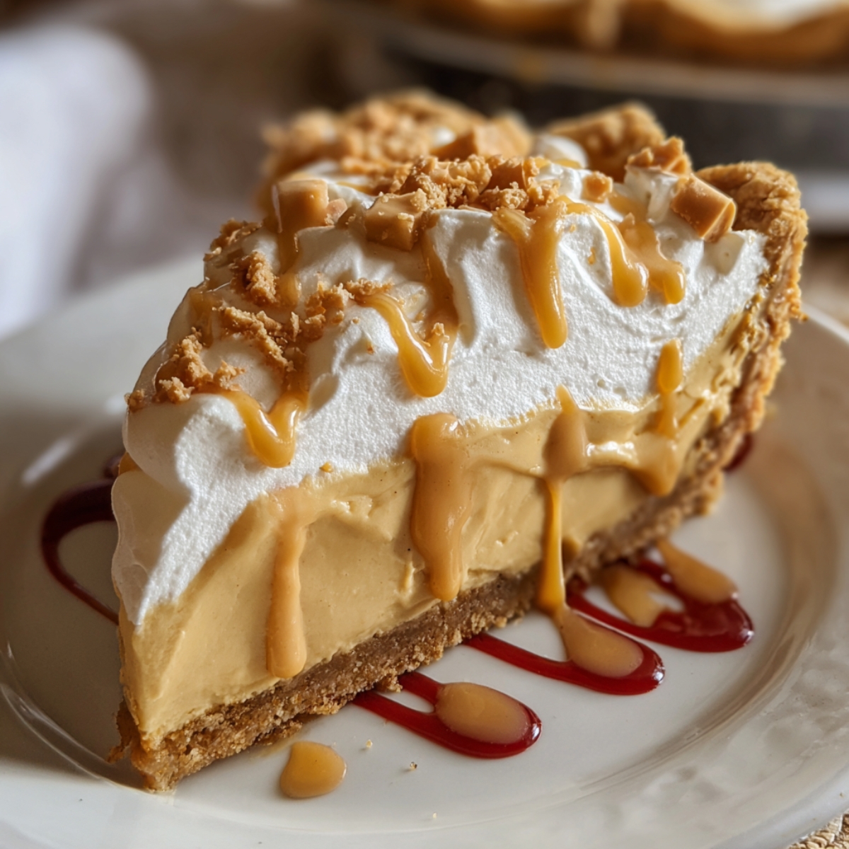 Homemade Butterscotch Heaven Pie with creamy filling, whipped cream, caramel drizzle, and toffee bits on a white plate with caramel and red syrup.