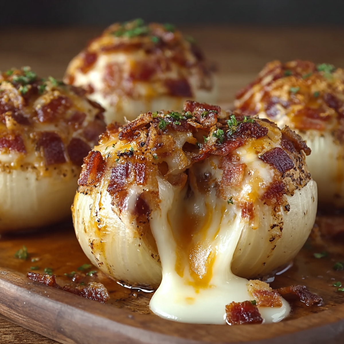 Homemade Cheesy Bacon Onion Bombs on a wooden board, topped with crispy bacon and parsley, with melted cheese oozing from the center.