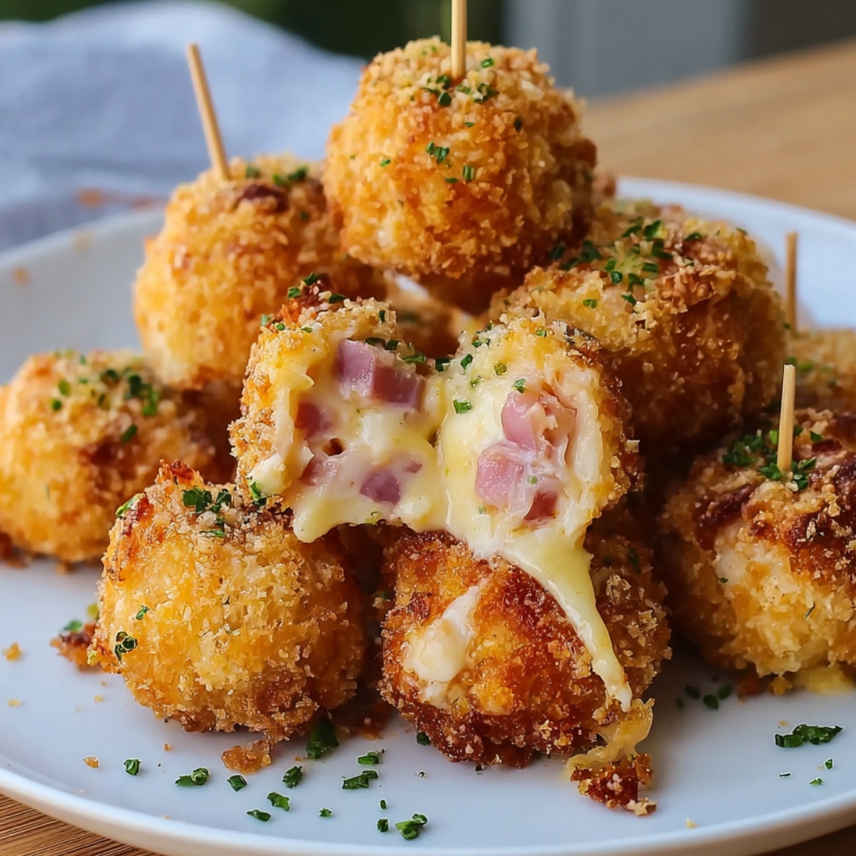 Crispy homemade Chicken Cordon Bleu Bites on a white plate with skewers, topped with parsley. One bite is split open, showing melted cheese and ham inside.