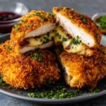 Homemade Chicken Kiev Recipe cut open to reveal juicy chicken breast stuffed with melted herb butter and chopped parsley, served on a rustic wooden board with fresh herbs.