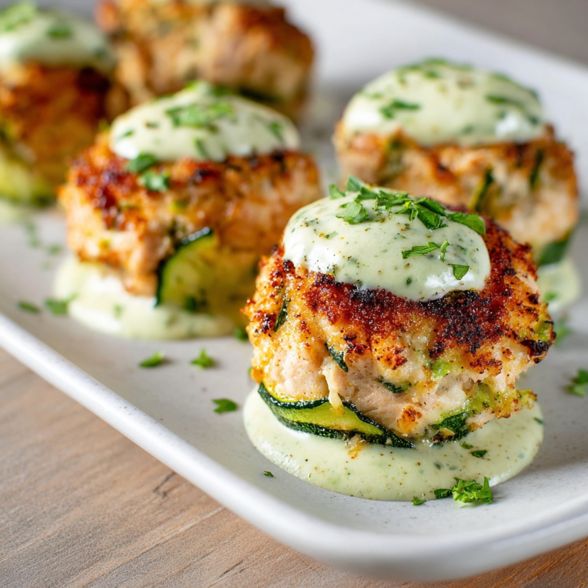Homemade Chicken Zucchini Poppers Recipe, topped with chopped parsley, and served with a creamy herb dipping sauce in a small white bowl. The dish has a fresh, homemade look with visible zucchini in the poppers and a sprinkle of parsley on the sauce.