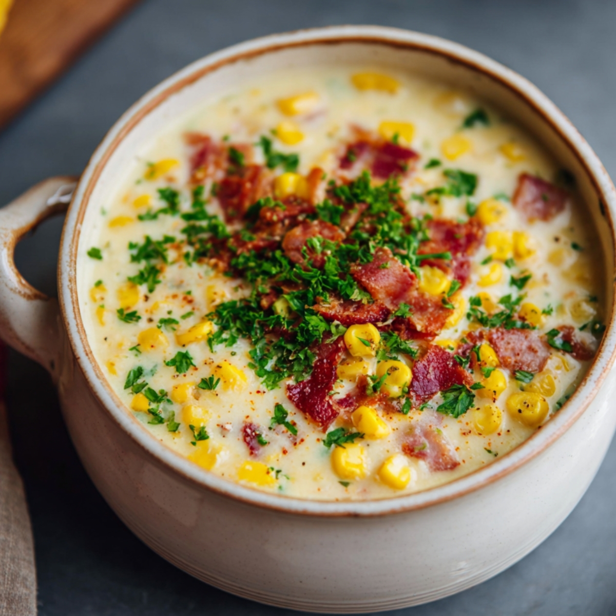 Homemade Corn Chowder, potatoes, bacon, and parsley under warm light for a cozy homemade feel.