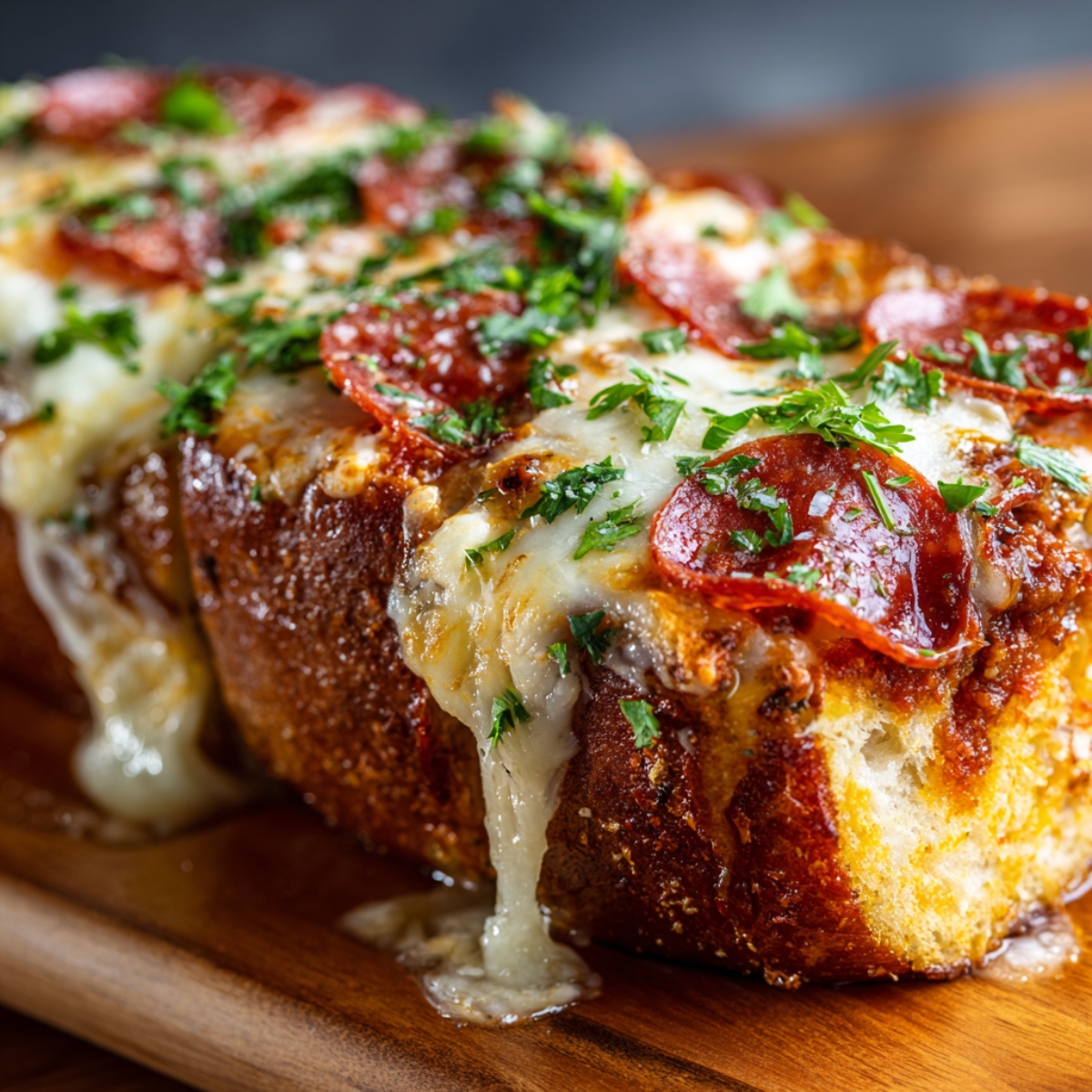 Homemade Garbage Bread with melted cheese, pepperoni, and parsley on a golden crust, served on a wooden board.