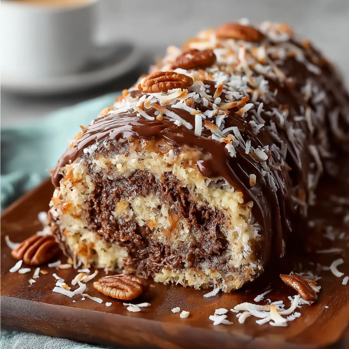 Homemade German Chocolate Cake Roll with chocolate ganache, toasted coconut, and pecans on a wooden board, showing a rich chocolate-coconut swirl and a coffee cup in the background.