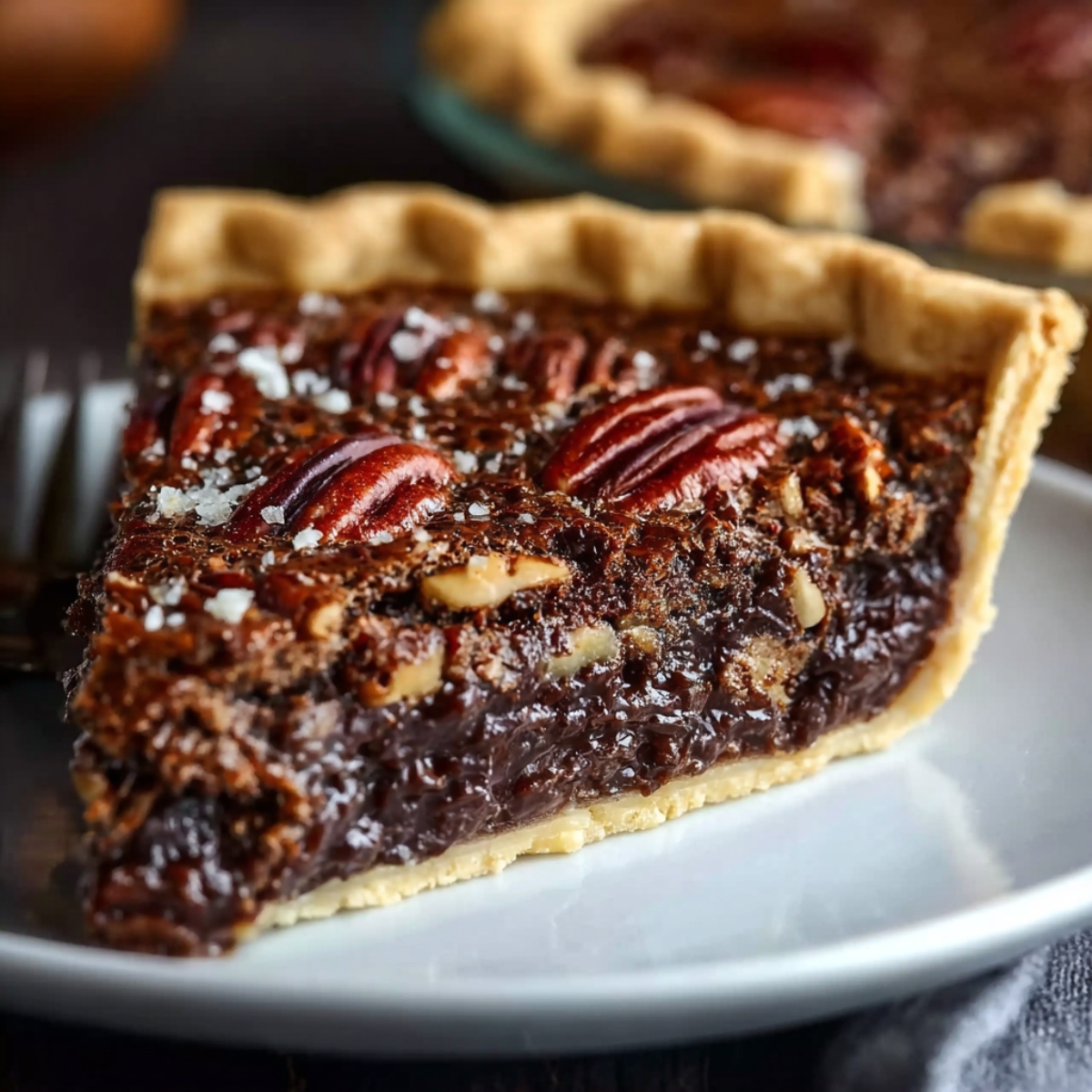 Homemade Texas Chocolate Pecan Pie with gooey chocolate filling, toasted pecans, and a golden flaky crust on a white plate.