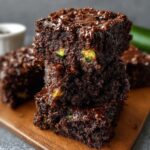 Homemade Zucchini Brownies Recipe drizzled with melted chocolate, showing a moist texture and tiny green zucchini flecks on a plate with a dark background.