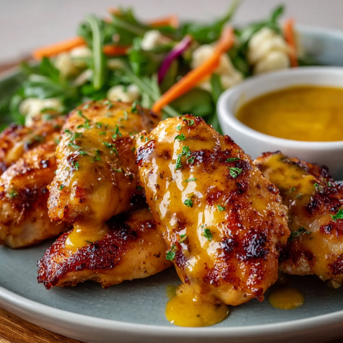 Honey mustard chicken with caramelized glaze, parsley garnish, side salad, and dipping sauce in a ramekin on a gray plate.