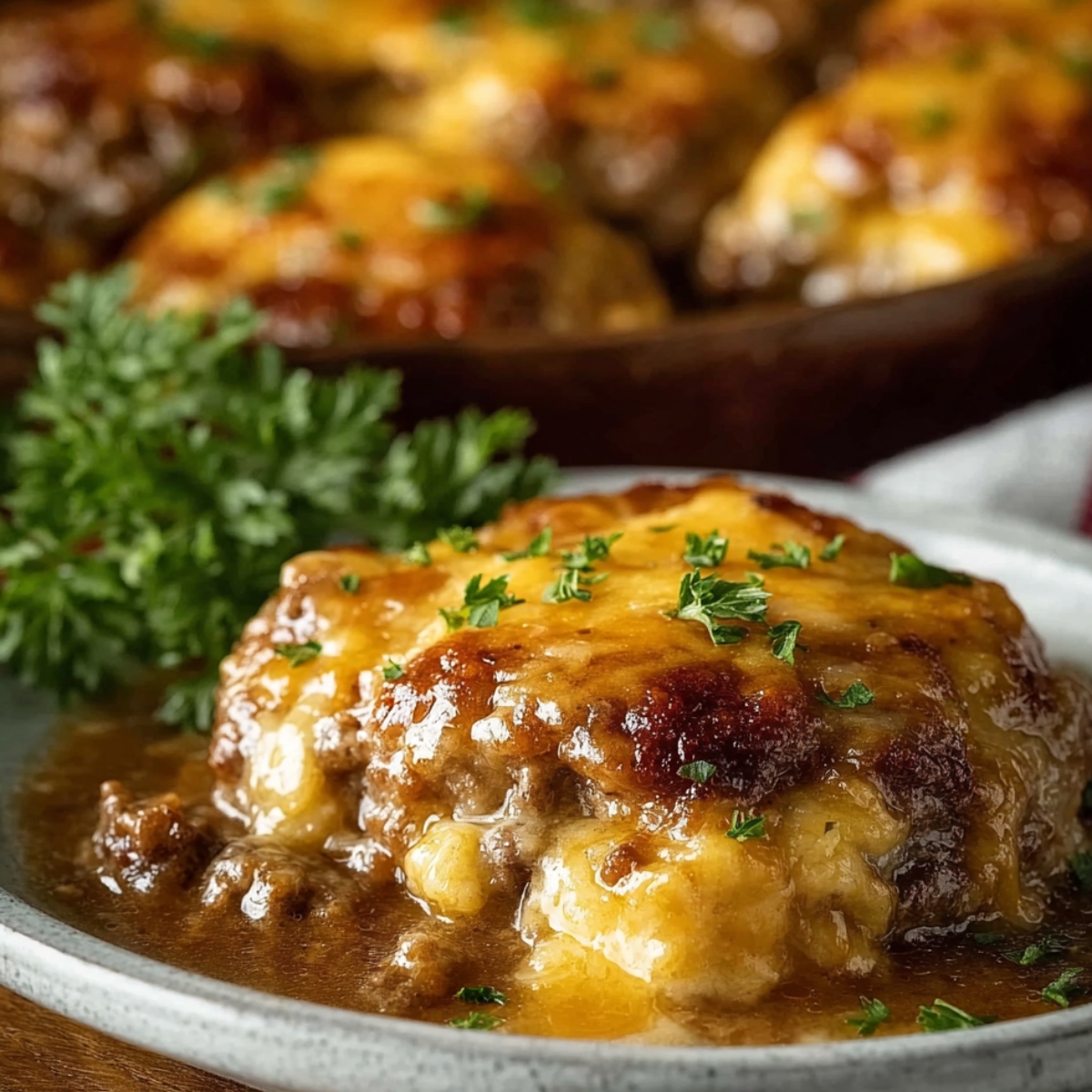 Golden-baked Amish hamburger steak covered in rich brown gravy and melted cheddar cheese, garnished with fresh parsley on a plate — a hearty, homemade comfort food dinner.