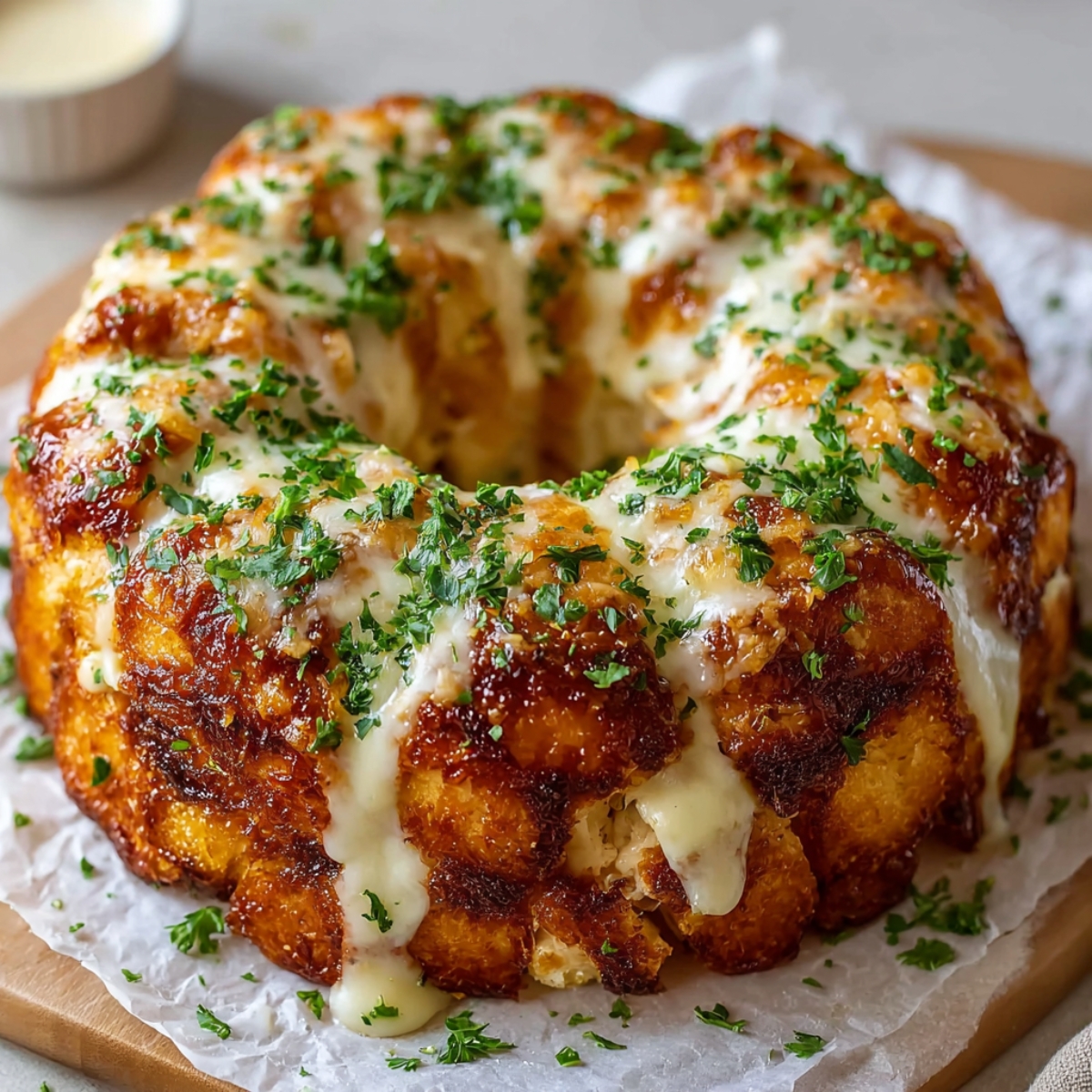 Golden, cheesy Chicken Alfredo Monkey Bread topped with parsley, warm and homemade on parchment paper.