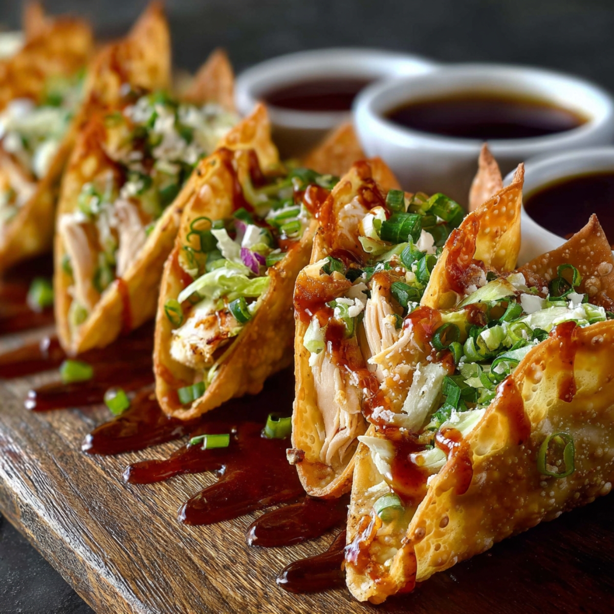 Crispy homemade chicken wonton tacos filled with slaw and green onions, drizzled with sweet chili sauce on a dark slate board with dipping sauce.