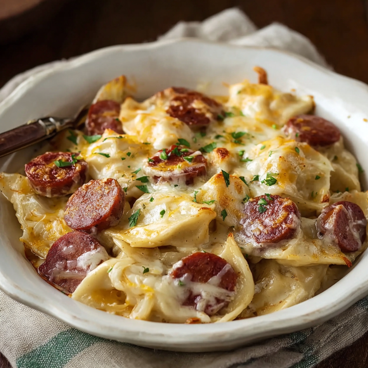 A close-up of Crock Pot Pierogi and Kielbasa Casserole in a white dish, topped with kielbasa slices, melted cheese, and fresh parsley, resting on a neutral cloth.