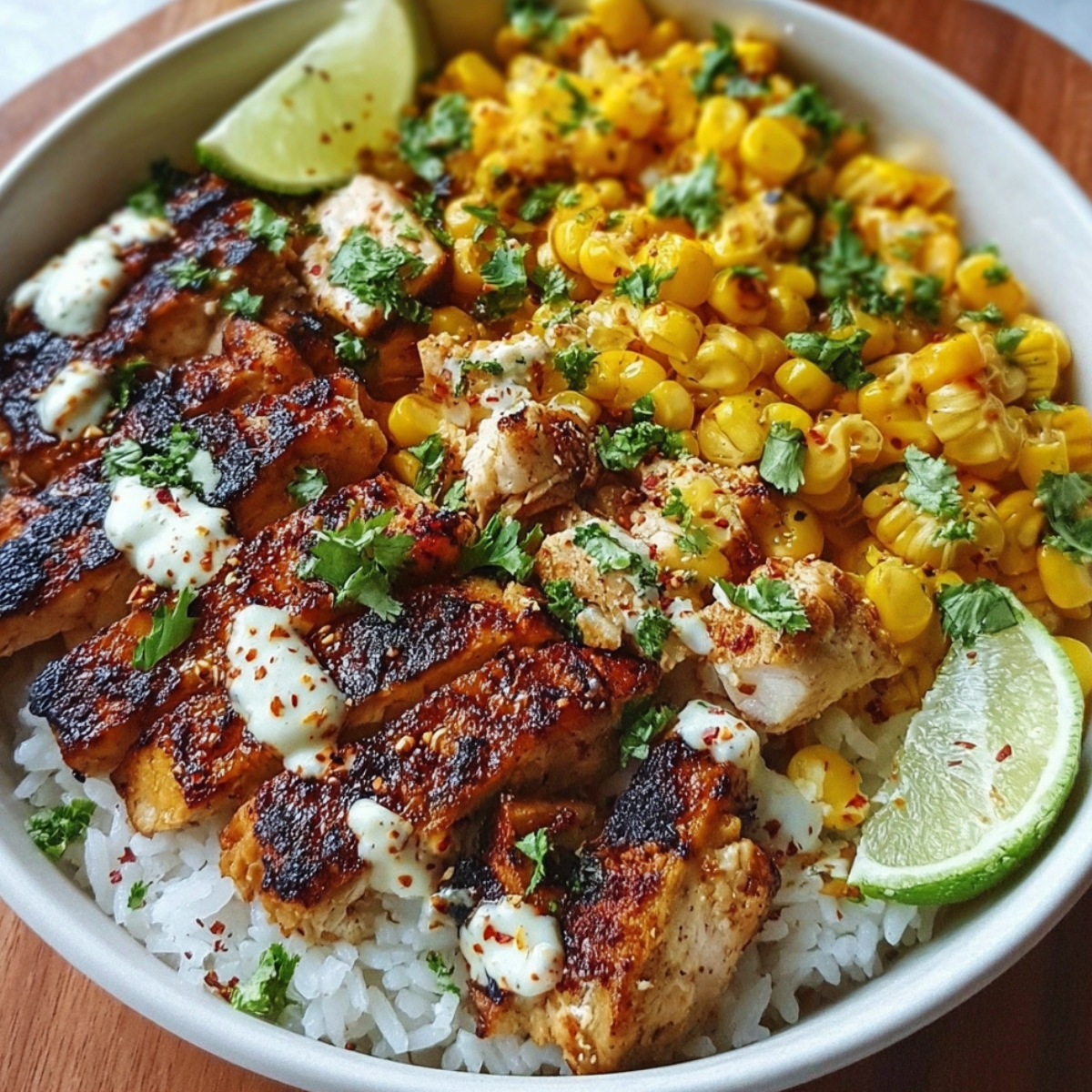 Homemade street corn chicken rice bowl with grilled chicken, charred corn, lime crema, cilantro, and lime wedges over fluffy white rice.