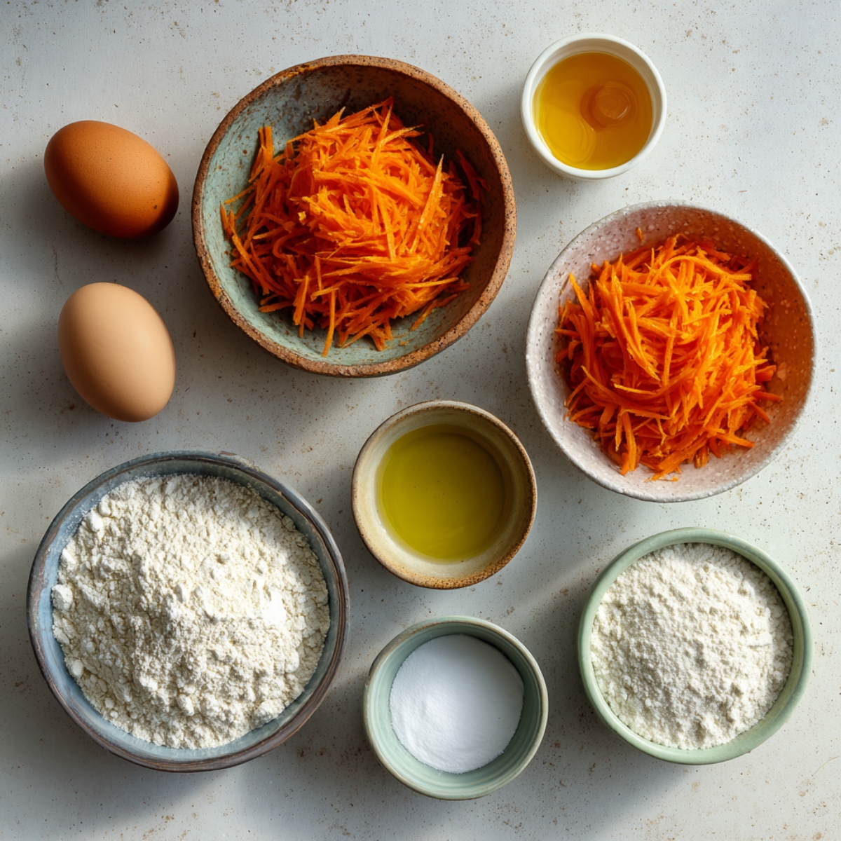 A rustic arrangement of ingredients for Brazilian carrot cake: two bowls of grated carrots, two eggs, small bowls of flour, salt, and olive oil, all on a light beige surface, evoking a homemade, cozy vibe.