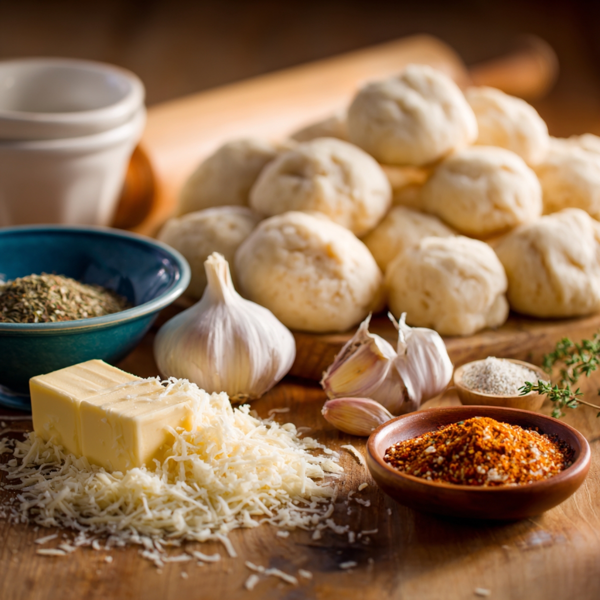 Rustic kitchen scene with biscuit dough balls, garlic, butter, grated Parmesan, and herbs for homemade Chicken Alfredo Monkey Bread.