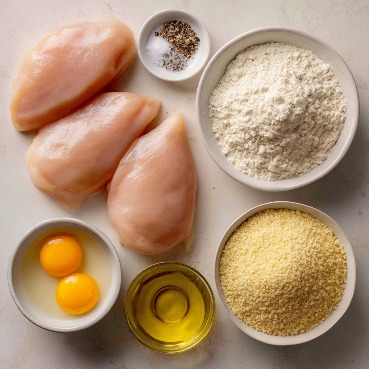 Fresh chicken breasts, a bowl of flour, breadcrumbs, eggs, olive oil, and a dish of salt and pepper, all arranged on a neutral surface for a homemade Chicken Kiev recipe.