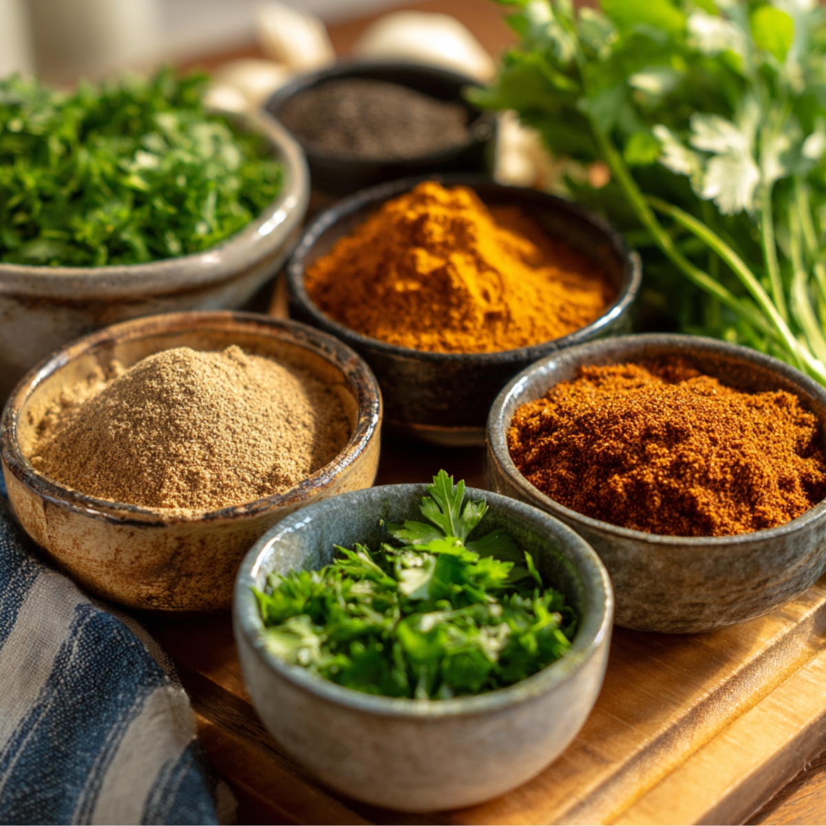 A cozy kitchen scene with small ceramic bowls containing ground garlic, black pepper, paprika, turmeric, and fresh chopped cilantro, arranged on a wooden countertop with a striped linen towel and blurred garlic cloves in the background. Soft, natural lighting adds a homemade, inviting feel.