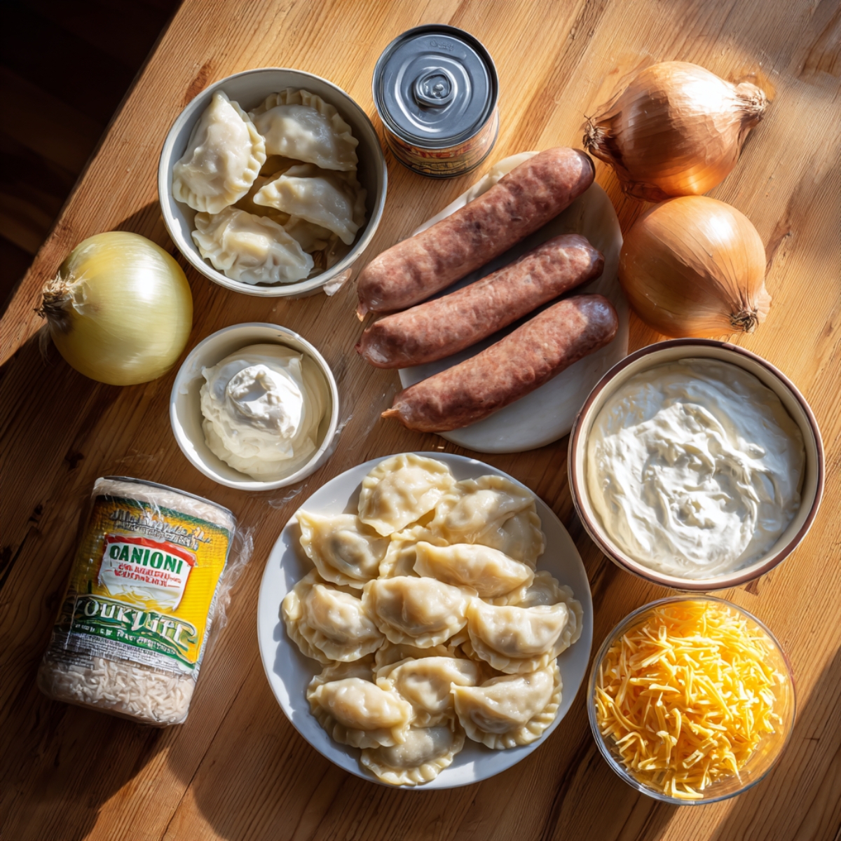 A cozy kitchen scene with ingredients for Crock Pot Pierogi and Kielbasa Casserole: frozen pierogies, sour cream, shredded cheddar, kielbasa sausages, onions, a can of cream of mushroom soup, and dried onions, all arranged on a wooden countertop with soft, natural lighting.