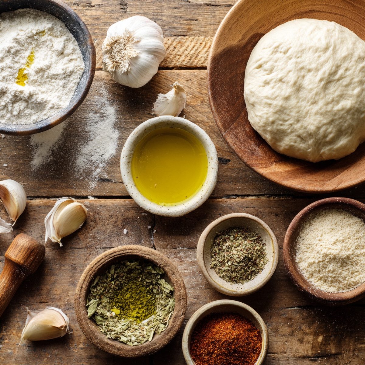 A rustic wooden table with ingredients for homemade Garbage Bread: dough on a wooden plate, garlic cloves, bowls of olive oil, oregano, thyme, red pepper flakes, and Parmesan cheese, with a rolling pin and flour scattered across the surface.
