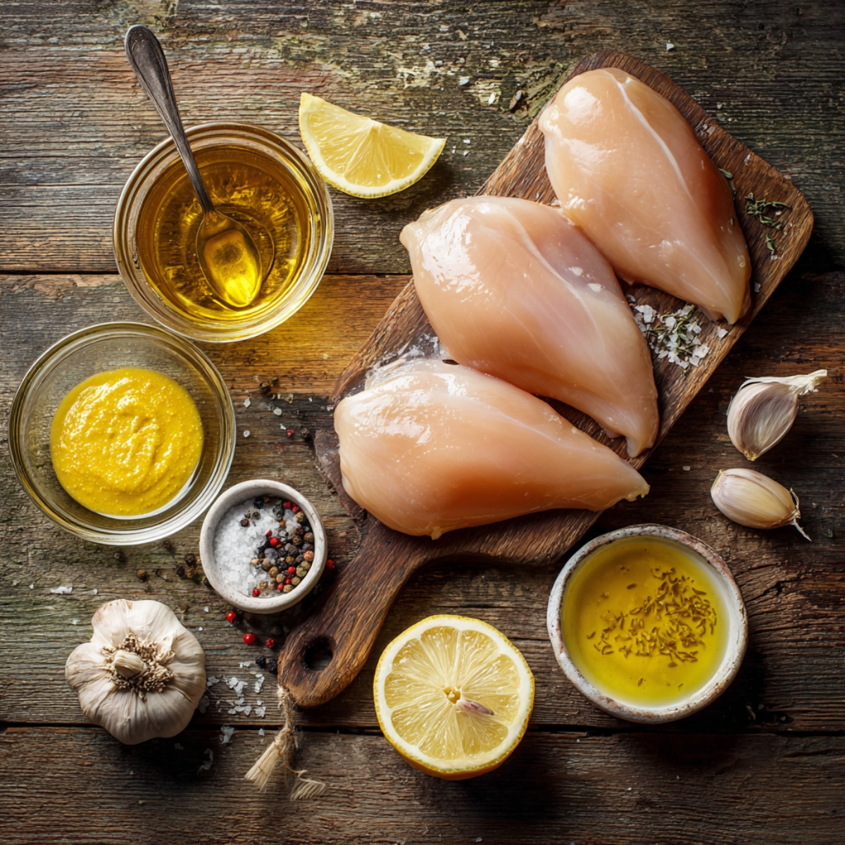 Rustic wooden table with raw chicken breasts on a cutting board, bowls of Dijon mustard, honey, and olive oil, garlic cloves, lemon halves, and a dish of salt and pepper.