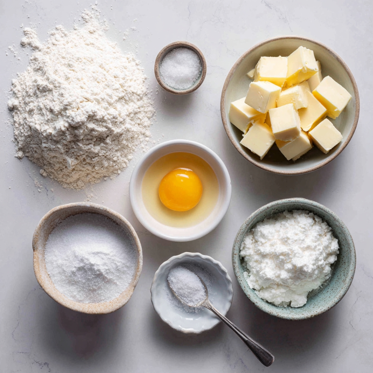 Overhead shot of flour, butter cubes, egg yolk, sugar, and salt in small bowls on a marble counter, bright natural light, homemade baking feel.