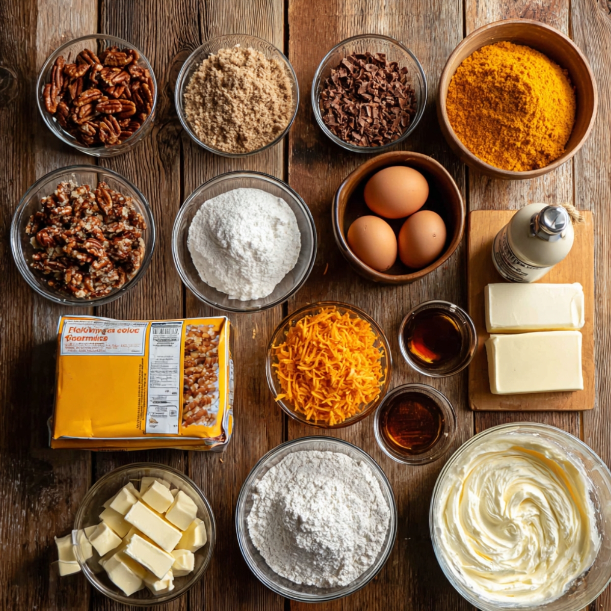 Overhead view of pumpkin earthquake cake ingredients in glass bowls on a rustic wooden table, including pumpkin, pecans, eggs, butter, and cream cheese.