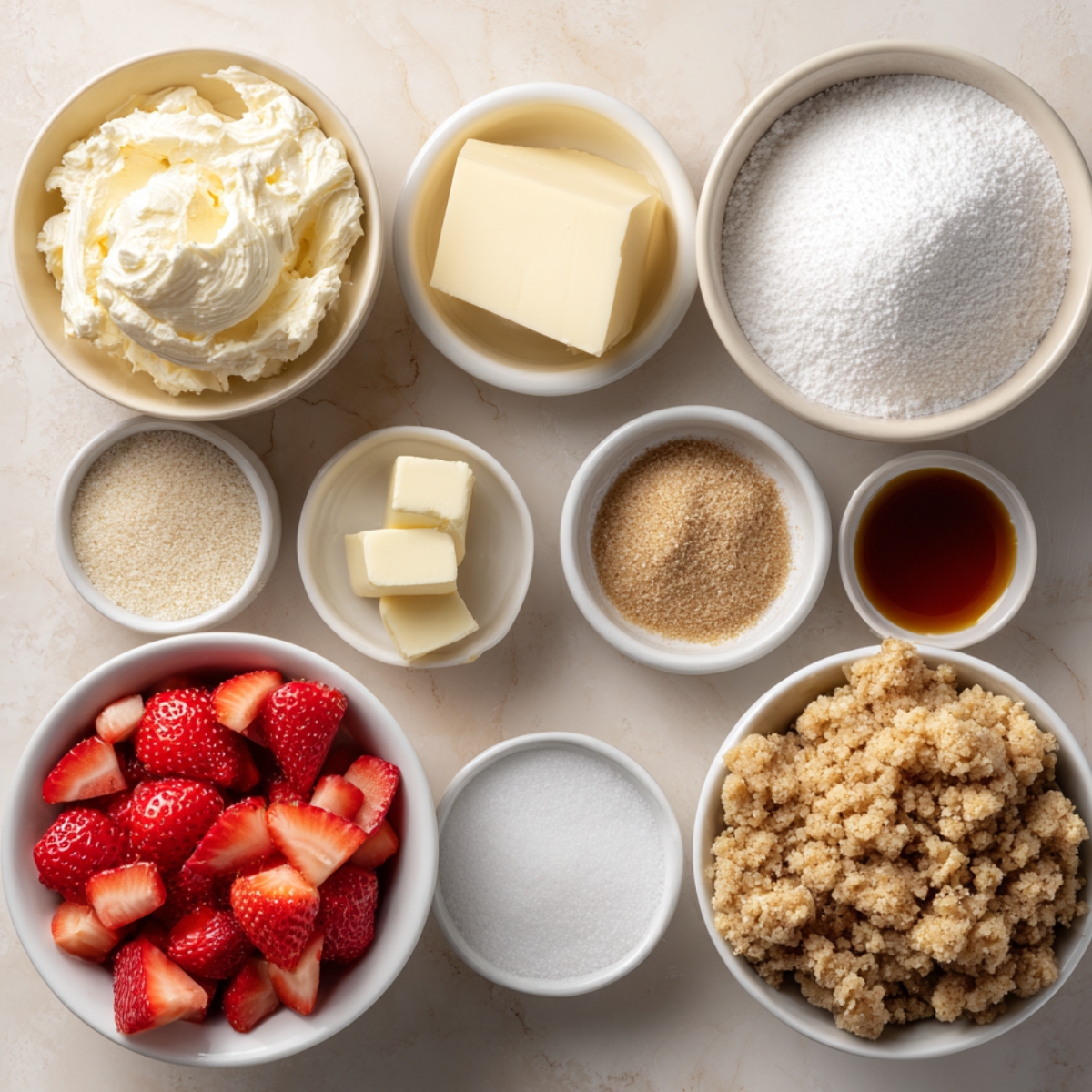 A collection of ingredients for strawberry cream cheese muffins arranged on a marble surface, including whipped butter, unsalted butter, various sugars, vanilla extract, yeast, and fresh sliced strawberries, with brown sugar crumbles for a homemade touch.