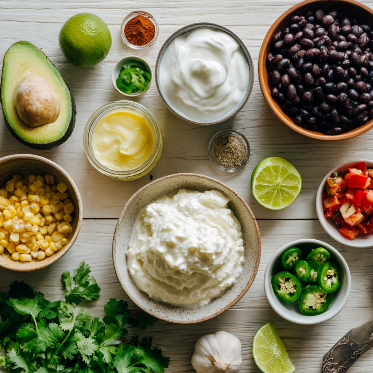 Fresh ingredients for a homemade street corn chicken rice bowl arranged on a white wooden table, including avocado, corn, black beans, sour cream, lime, jalapeños, cilantro, and spices.