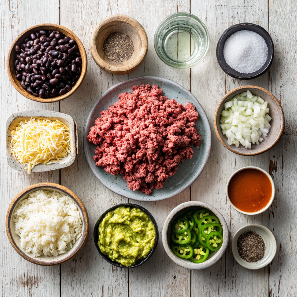 Fresh ingredients for a homemade Crunchwrap Supreme arranged on a white wooden table, including ground beef, beans, rice, cheese, guacamole, jalapeños, onions, and seasonings.