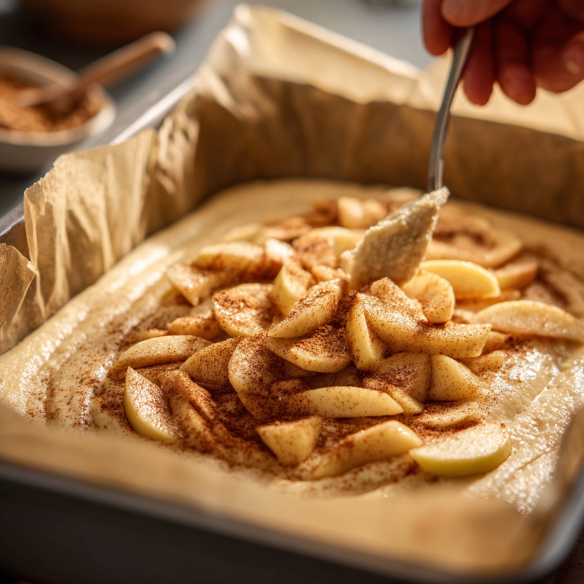 A hand spreading cinnamon-dusted apple slices over thick cake batter in a parchment-lined pan, capturing a cozy homemade baking moment.